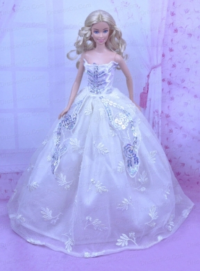 Elegant White Gown With Embroidery And Sequins Made To Fit The Quinceanera Doll