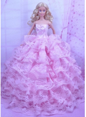 Exclusive Pink Gown With Ruffled Layers Dress For Quinceanera Doll