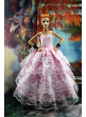 Luxurious Pink Gown With Ruffled Layers Lace For Quinceanera Doll