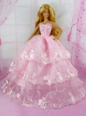 Pretty Pink Princess With Embroidery And Ruffled Layers Gown For Quinceanera Doll