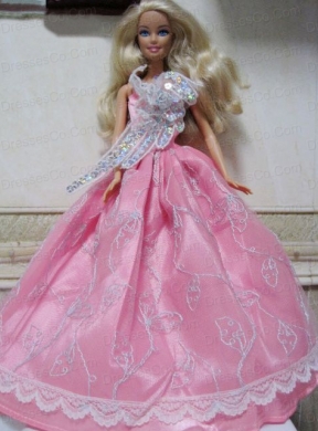 Pretty Rose Pink Princess Dress With Embroidery Made To Fit The Quinceanera Doll