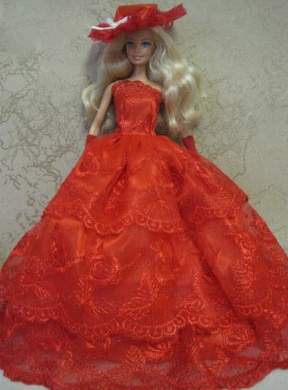 Red Handmade Pretty Dress With Embroidery Made To Fit The Quinceanera Doll
