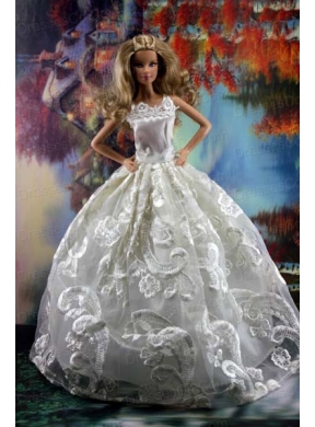 Romantic White Gown With Embroidery Dress For Quinceanera Doll