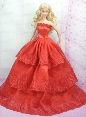 Rust Red Princess Dress With Embroidery Gown For Quinceanera Doll