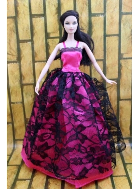 Gorgeous Hot Pink And Black Lace Gown For Quinceanera Doll