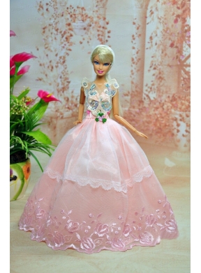 Luxurious Baby Pink Appliques With Flooe-length Wedding Dress For Quinceanera Doll