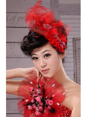 Red Hairpins Birdcage Veils Tulle Feather Outdoor and Special