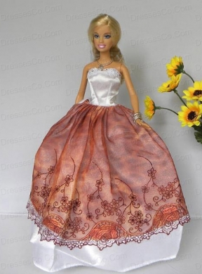 Elegant Rust Red And White Strapless Lace Made To Fit The Quinceanera Doll