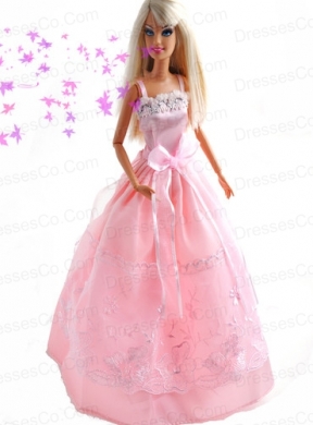 Bowknot Embroidery Princess Pink Quinceanera Doll Dress
