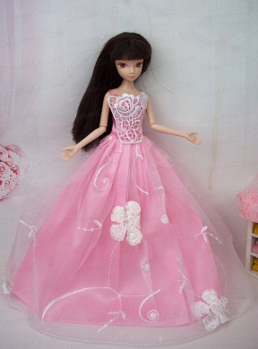 Fashionable Embroidery Pink Princess Quinceanera Doll Dress