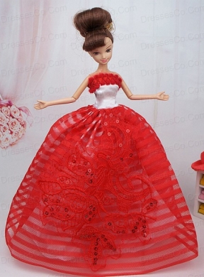 Hand Made Flowers Red Ball Gown Party Clothes Quinceanera Doll Dress