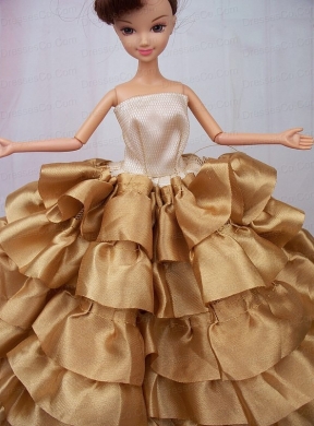 Luxurious Ball Gown Asymmetrical Gold Ruffled Layeres Clothes Party Fashion Dress For Quinceanera Doll