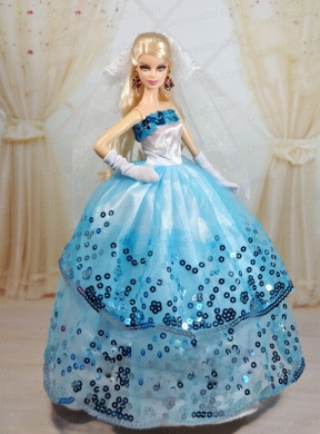 Popular Ball Gown Party Clothes White And Blue Quinceanera Doll Dress
