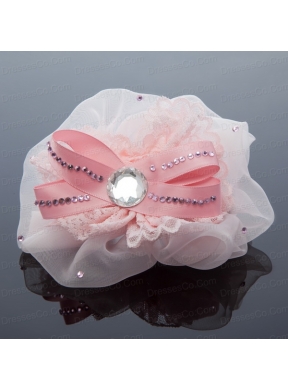 Lace and Tulle Pink Hair Ornament with Rhinestone