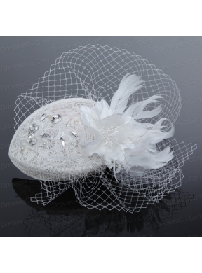 Elegant White Rhinestone Feather Hat Hair Ornament