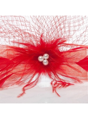 Romantic Red Feather Net Yarn Briadl Hat with Imitation Pearls