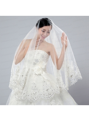 Cheap Two-Tier White Fingertip Veil with Lace Edge