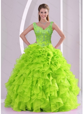 Elegant Beading and Ruffles Quince Dress in Green