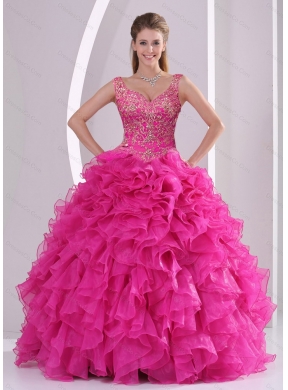 New Style Hot Pink Quince Dress with Beading and Ruffles for