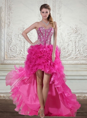 Hot Pink High Low Prom Dress with Beading and Ruffled Layers
