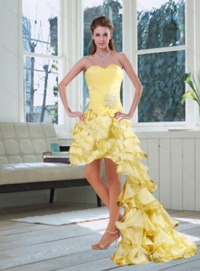 Light Yellow High Low Prom Dress with Beading and Ruffled Layers