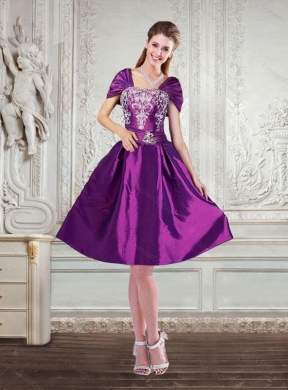 Purple Strapless Prom Dress with Cap Sleeves with Beading and Embroidery