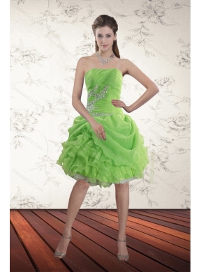 Spring Green Strapless Prom Dress with Ruffles and Beading