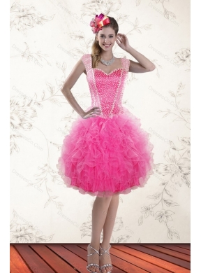 Fashionable Hot Pink Straps Prom Dress with Beading and Ruffles