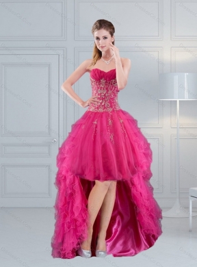 High Low Hot Pink Prom Dress with Embroidery and Beading
