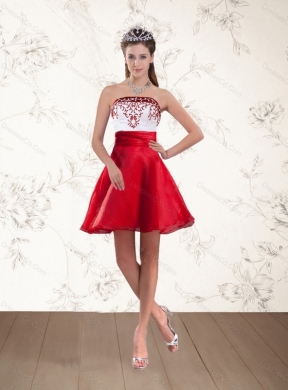 New Style Cheap Strapless White And Wine Red Prom Dress with Embroidery