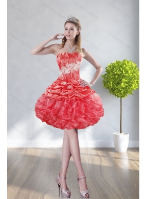 Modest Strapless Watermelon Red Prom DressWith Appliques and Ruffles