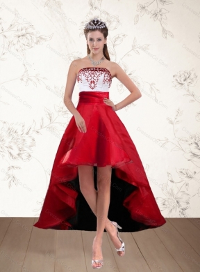 Cheap Pretty White And Wine Red High Low Strapless Prom Dress with Embroidery