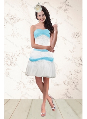 Modest White and Baby Blue Strapless Prom Dress