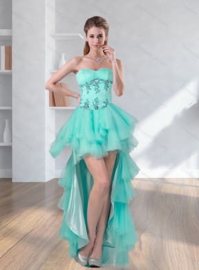 Discount High Low Turquoise Prom Dress with Embroidery