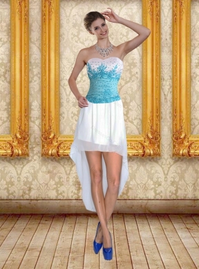 Discount White High Low Prom Dress with Blue Embroidery