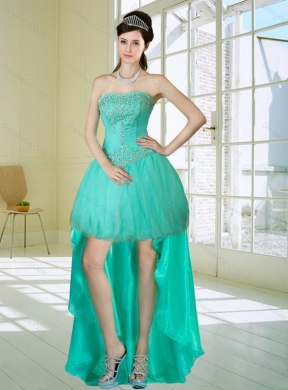 Unique Apple Green Strapess High Low Prom Dress with Embroidery and Beading