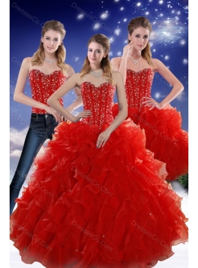 Detachable Red Quinceanera Skirts with Beading and Ruffles