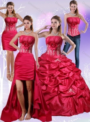 In Stock Strapless Red Quinceanera Dress with Appliques and Pick Ups
