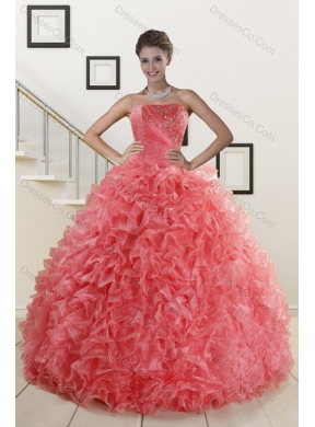 Popular Watermelon Red Quince Dress with Beading and Ruffles