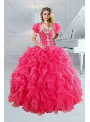 Unique Hot Pink Quince Dress with Ruffles and Beading