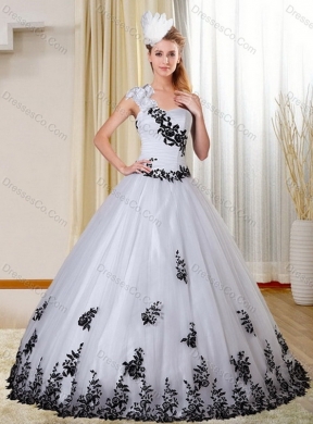 Cheap One Shoulder White and Black Latest Quinceanera Dress with Appliques for
