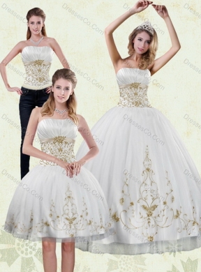 Modest Strapless Embroidery White and Gold Latest Quinceanera Dresses