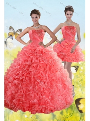 Watermelon Strapless Pretty Quince Dress with Beading and Ruffles