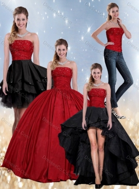 Unique Beaded Strapless Ball Gown Quinceanera Dress in Red and Black