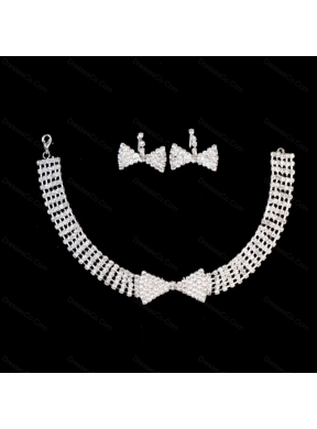 Lovely Bowknot Shaped Rhinestone Bridal Jewelry Set Necklace With Earrings