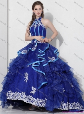 Cheap Halter Top Appliques Blue Quinceanera Dress with Ruffles and Brush Train