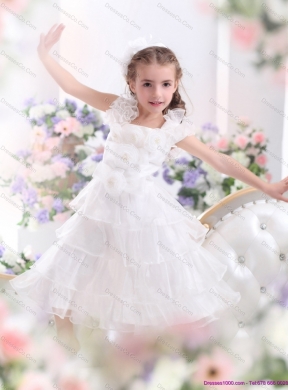 Gorgeous Ruffled Layers White Girls Party Dress with Hand Made Flower