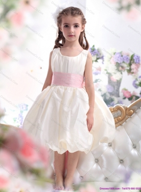 Latest White Scoop Flower Girl Dress with Light Pink Sash