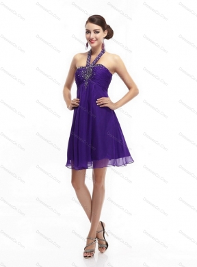Purple Beading Halter Top Prom Dress with Ruching