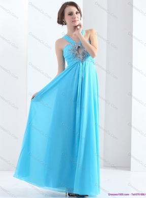Gorgeous Halter Top Floor Length Prom Dress with Ruching and Beading